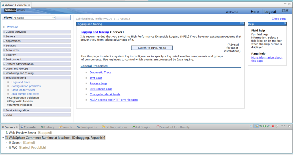 WCS Logs Configuration: Change log detail levels